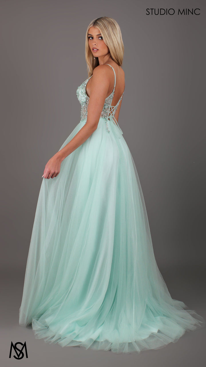 Lila - Mint Green Formal dress | Sheer Beaded floral V neckline tulle gown