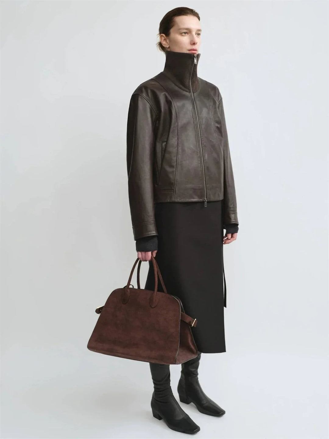 THE ARTM Women’s Funnel Neck Leather Jacket – Modern Minimal, Relaxed Fit