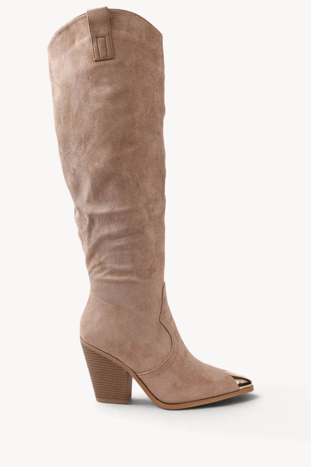 KHAKI SUEDE KNEE HIGH WESTERN METAL POINTED HEEL COWBOY BOOTS