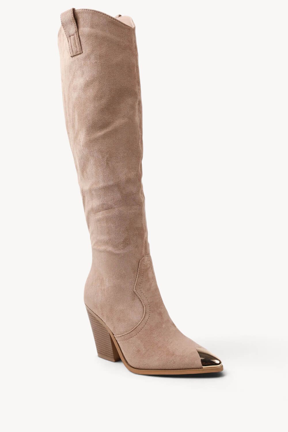 KHAKI SUEDE KNEE HIGH WESTERN METAL POINTED HEEL COWBOY BOOTS