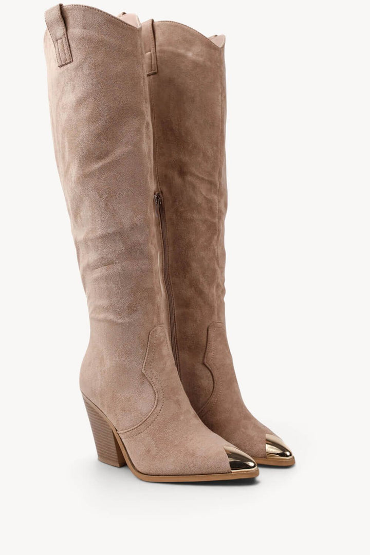 KHAKI SUEDE KNEE HIGH WESTERN METAL POINTED HEEL COWBOY BOOTS