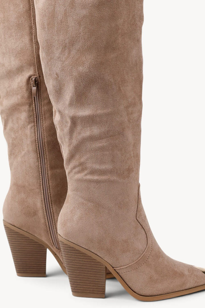 KHAKI SUEDE KNEE HIGH WESTERN METAL POINTED HEEL COWBOY BOOTS
