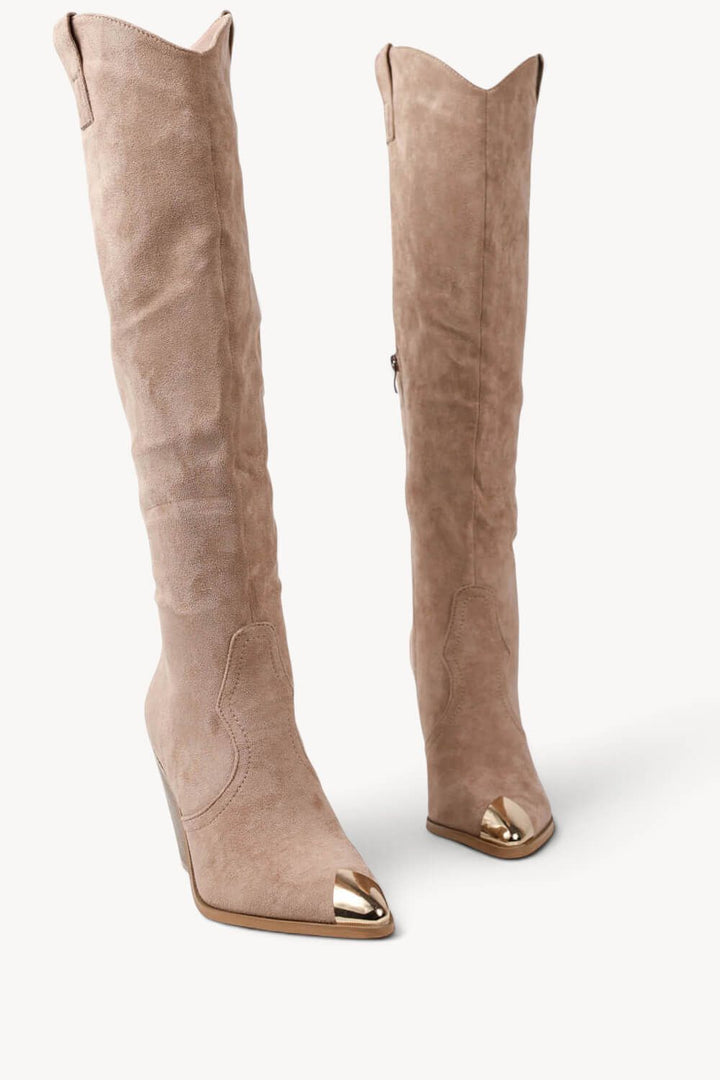 KHAKI SUEDE KNEE HIGH WESTERN METAL POINTED HEEL COWBOY BOOTS