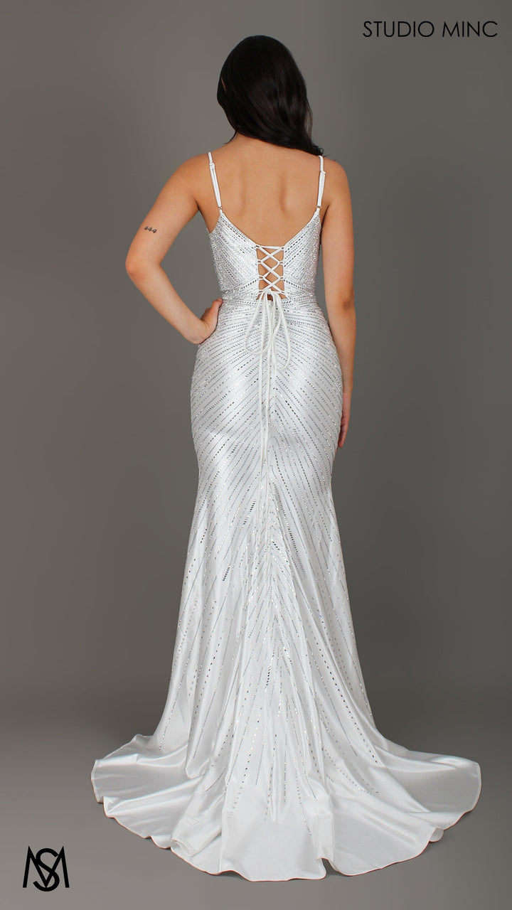 Mystique - Off-White &amp; Silver formal dress, Rhinestone sparkly fitted Mermaid