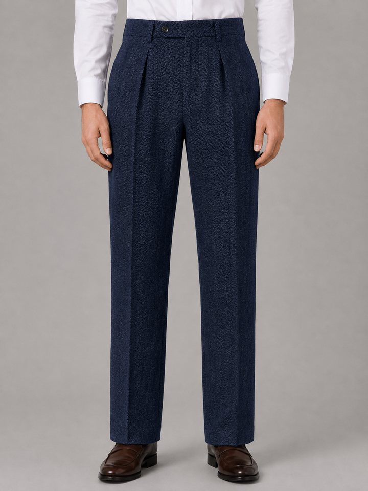 Men’s Herringbone Pleated Trousers – Straight Leg Tailored Fit | Nero &amp; Luya