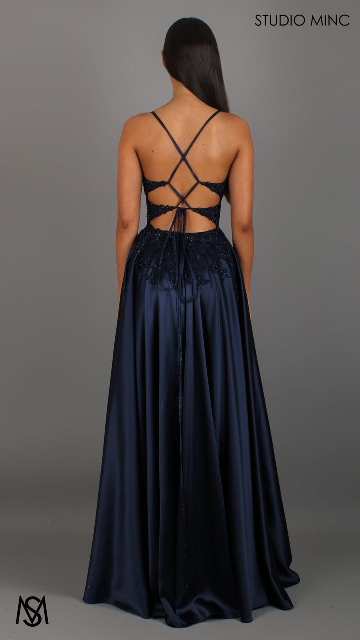 Eden - Navy Blue formal dress | Floral V neckline, backless, A-line Satin Gown with Pockets