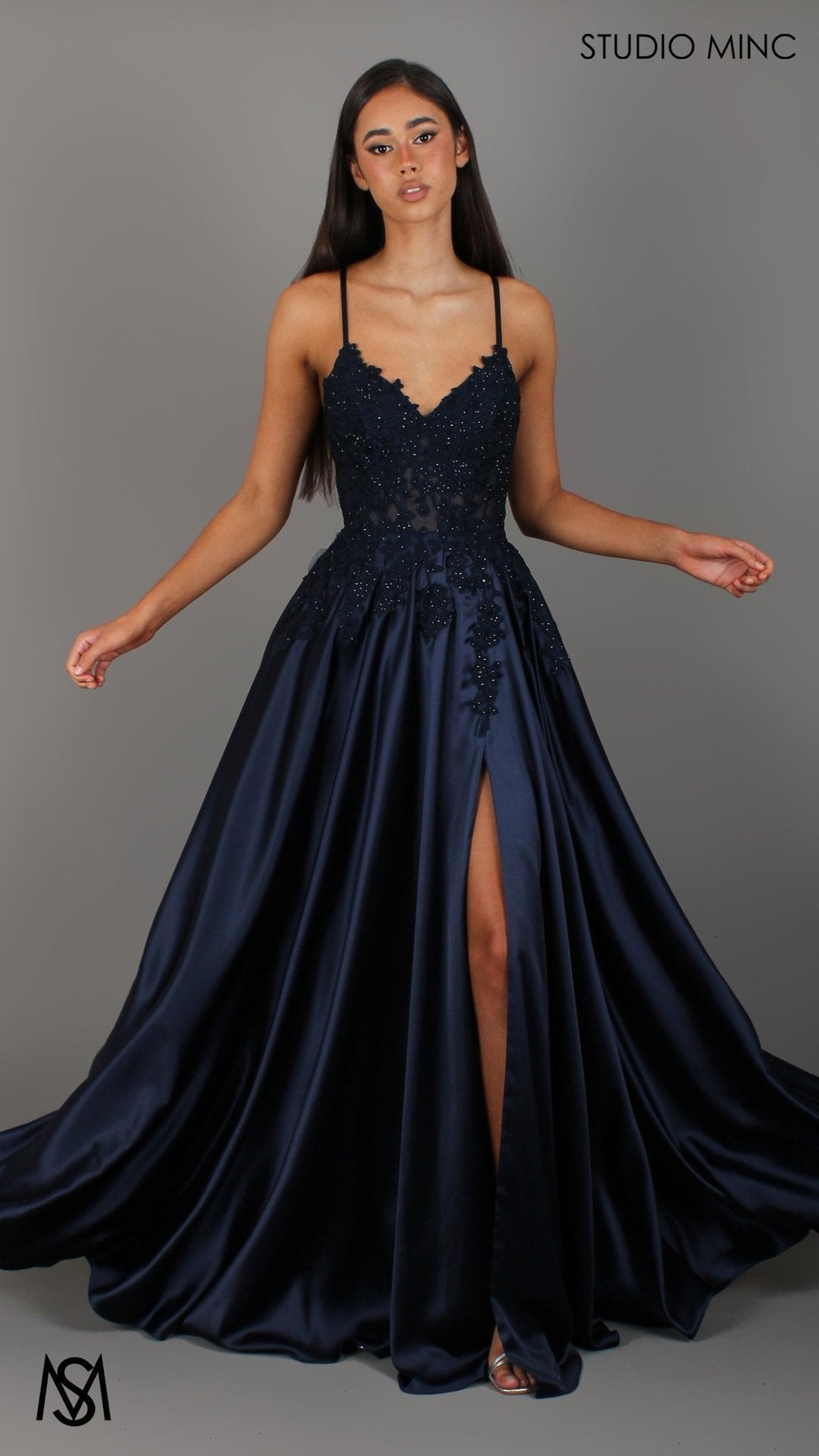 Eden - Navy Blue formal dress | Floral V neckline, backless, A-line Satin Gown with Pockets