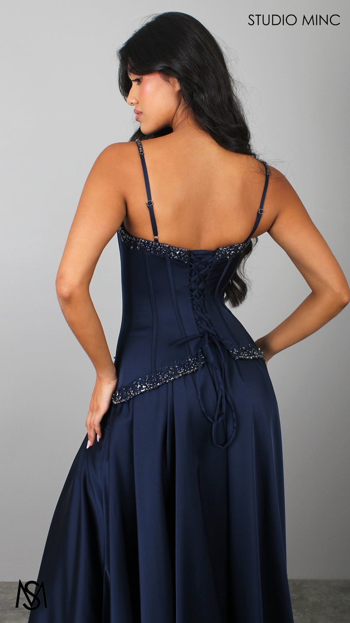 Idyllic - Navy Blue Formal Dress two piece Set, drop-waist Corset, A-line Satin skirt