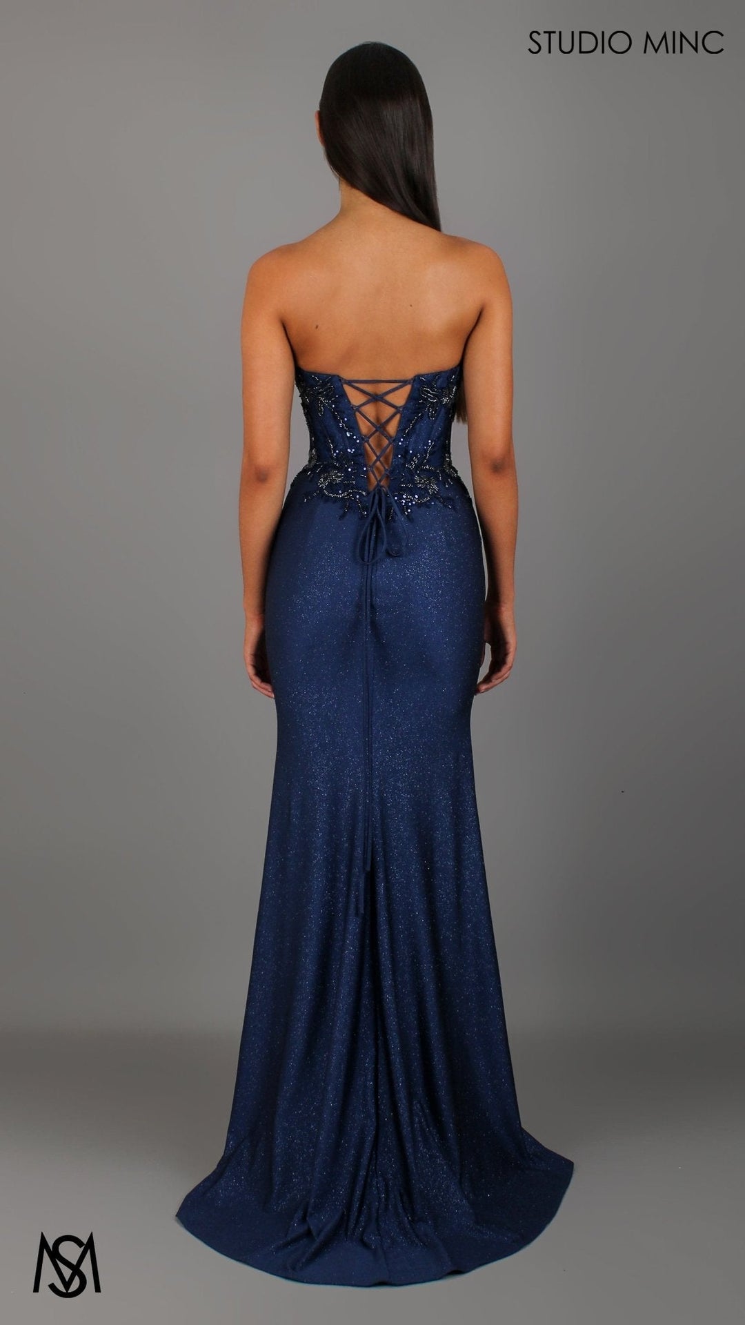Imperial - Navy Blue Formal Dress, Beaded corset Strapless fitted mermaid silhouette