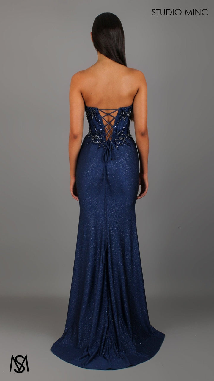 Imperial - Navy Blue Formal Dress, Beaded corset Strapless fitted mermaid silhouette