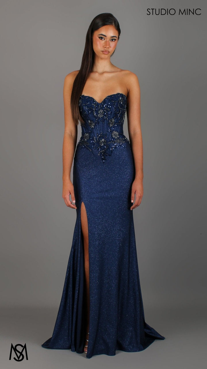 Imperial - Navy Blue Formal Dress, Beaded corset Strapless fitted mermaid silhouette