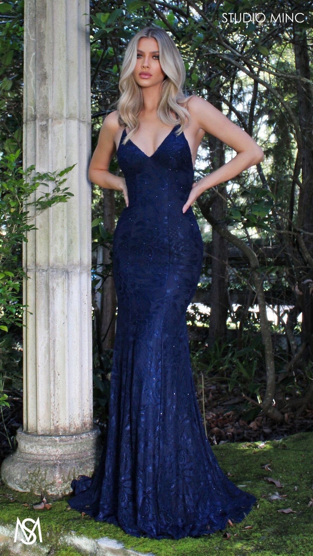 Jasmine - Navy Blue formal dress | lace V neckline fitted mermaid lace up