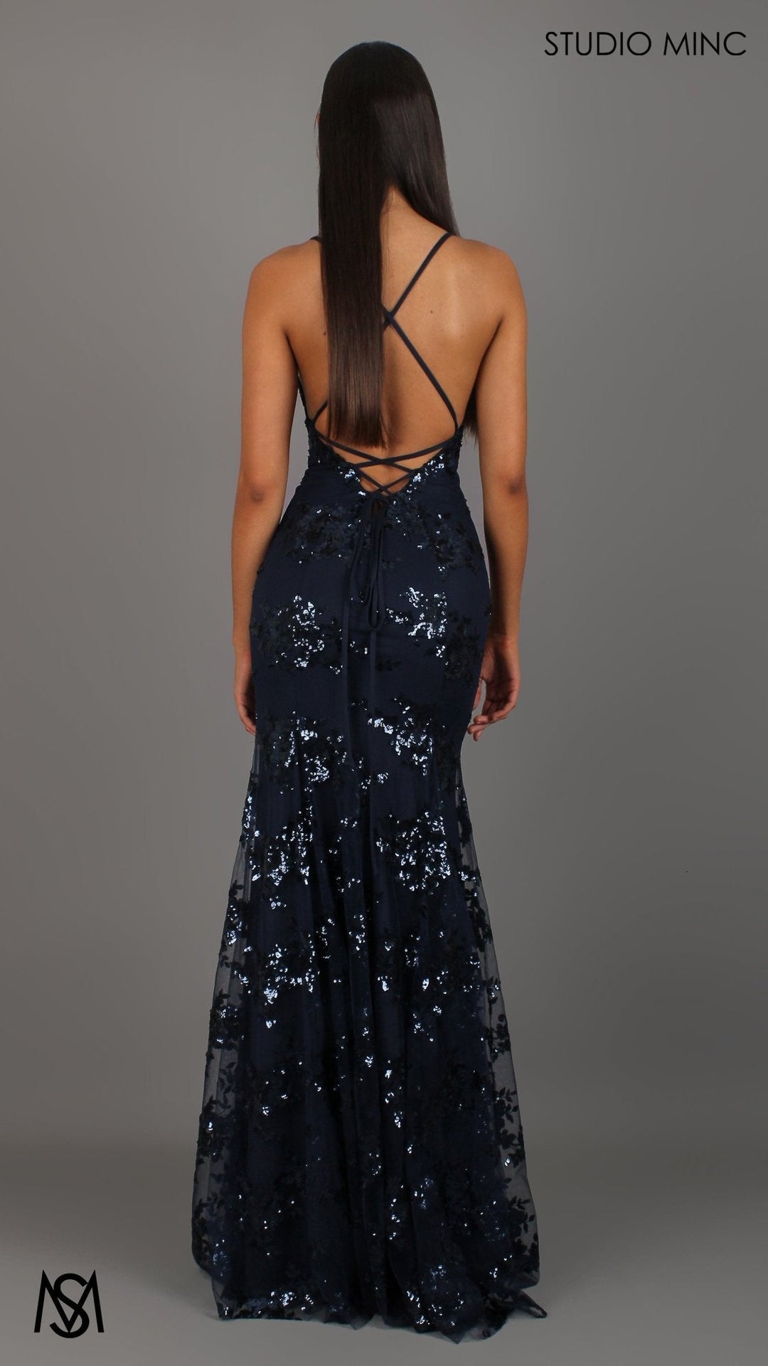 Poetry - Navy Blue formal dress | Sequin Floral V neckline fitted backless mermaid lace up