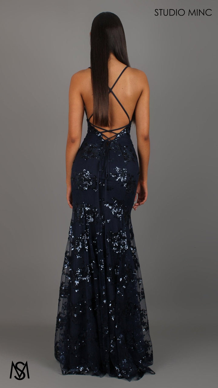 Poetry - Navy Blue formal dress | Sequin Floral V neckline fitted backless mermaid lace up