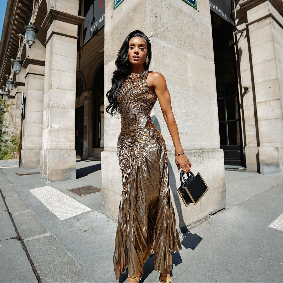 New Era Gold Metallic Pleated Maxi Dress