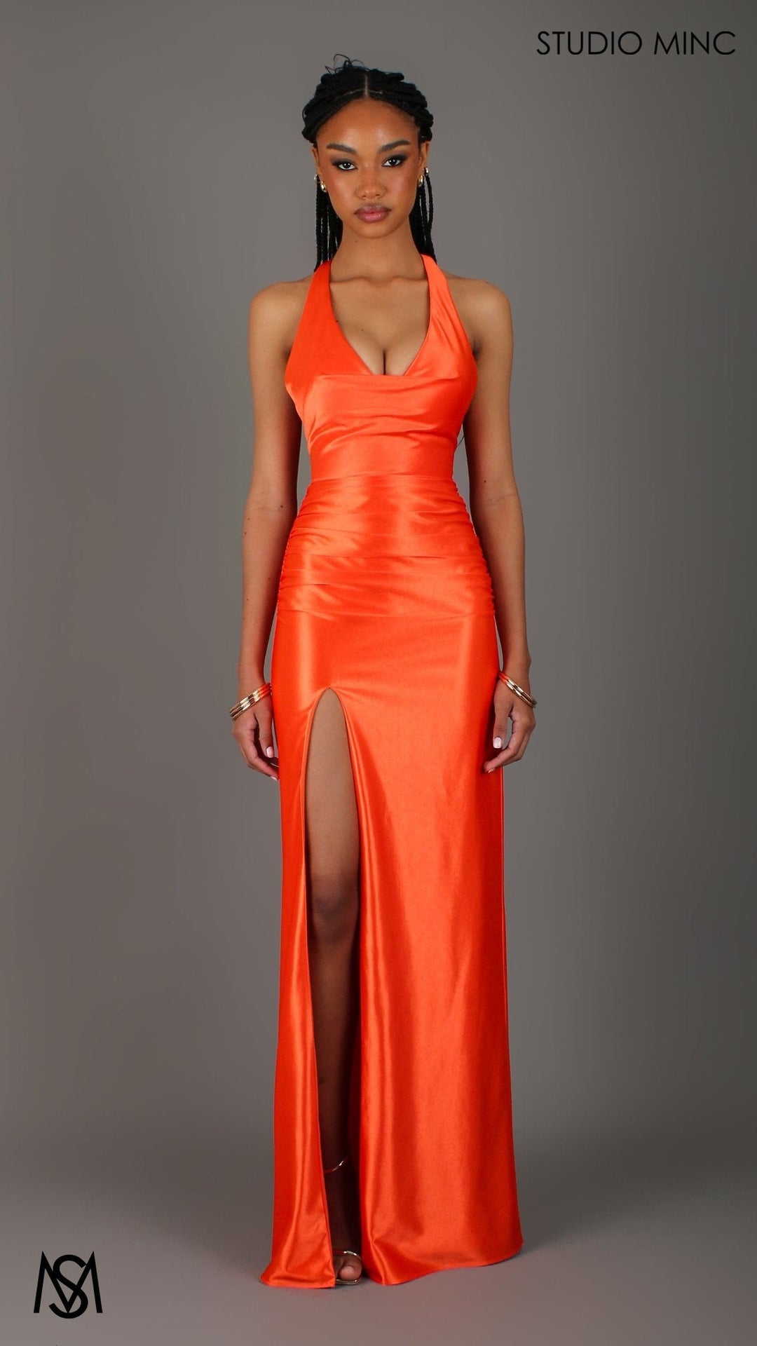 Sicily - Orange Formal Dress, Satin V Plunge neckline Cowl fitted backless leg slit