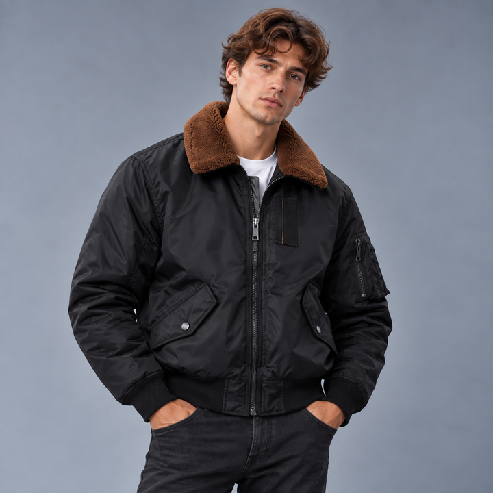 Fur Collar Bomber Jacket, Military Coat, Thick Cotton Liner, MA-1 Flight Pilot Jacket