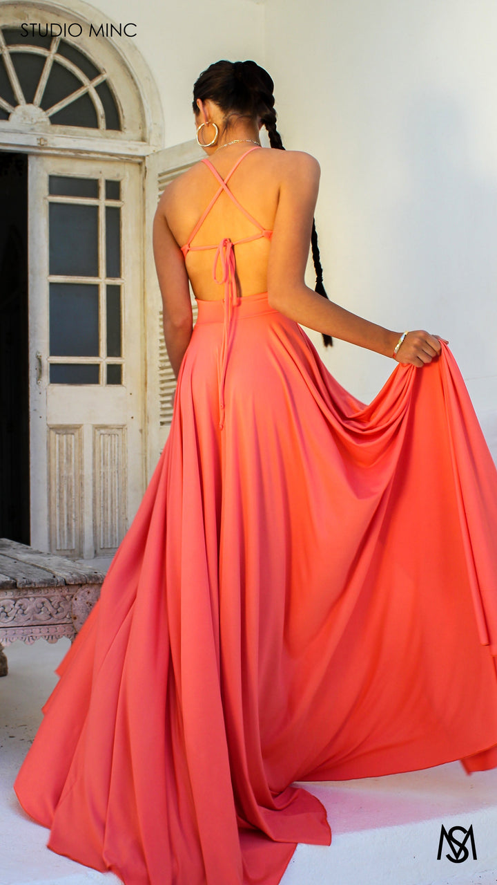 COSMO - Peach Formal Dress with Leg Split &amp; Cut Outs