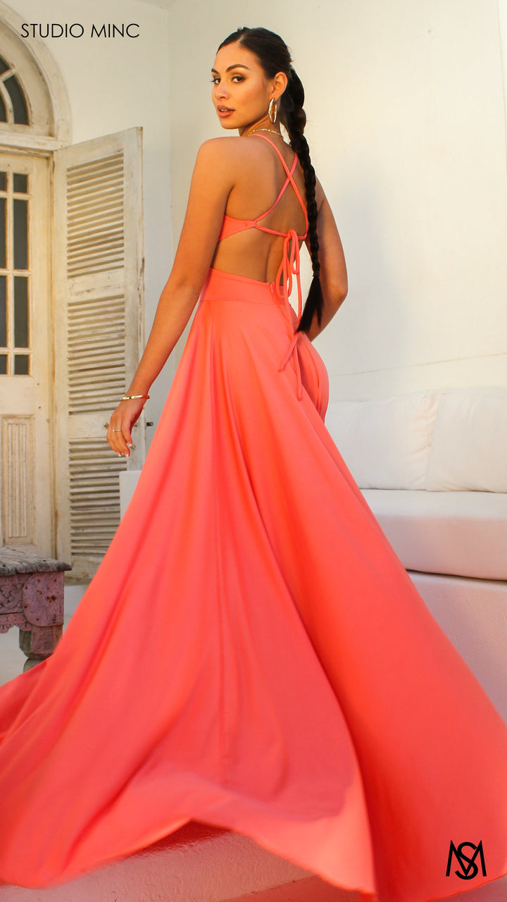 COSMO - Peach Formal Dress with Leg Split &amp; Cut Outs