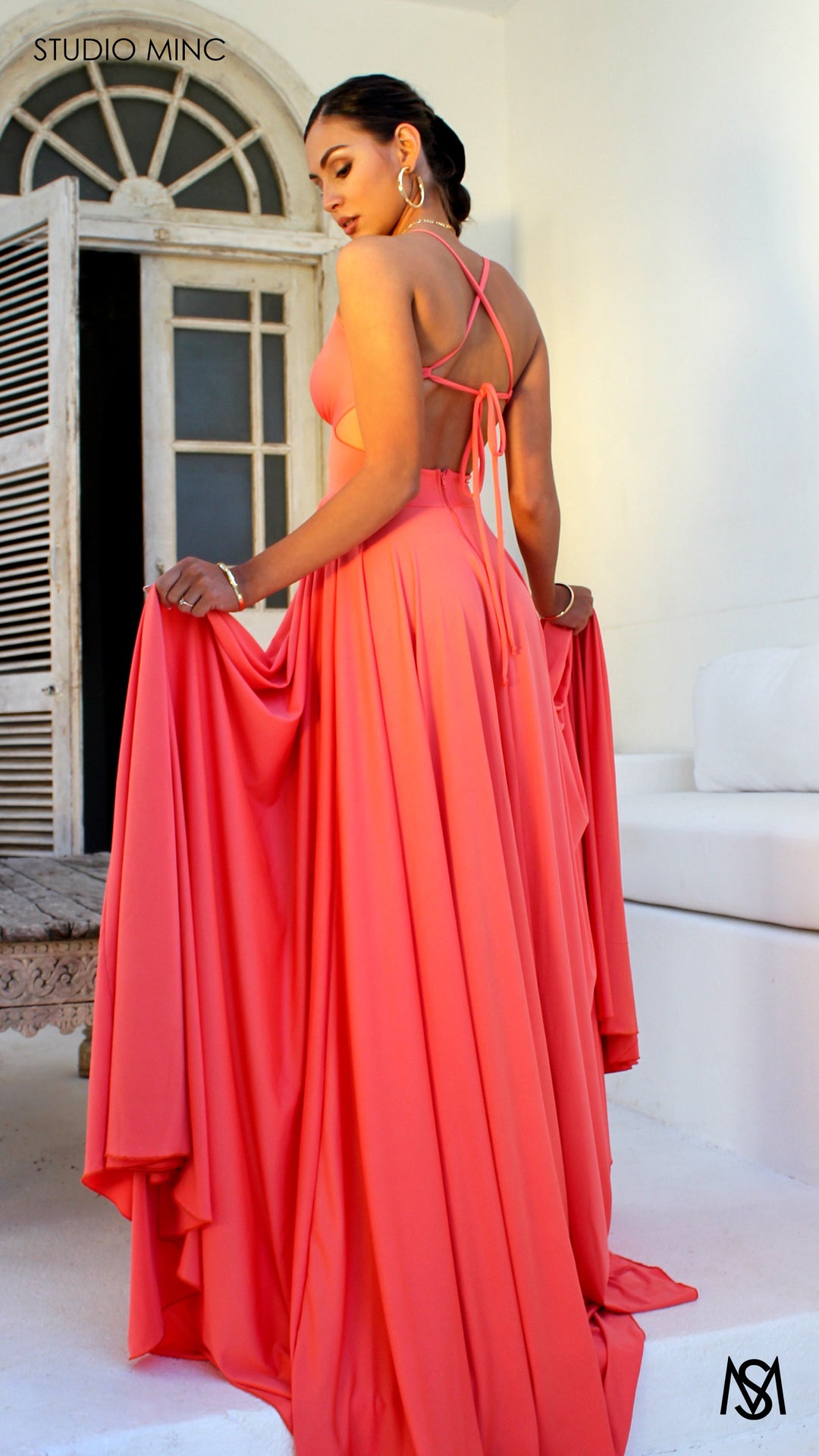 COSMO - Peach Formal Dress with Leg Split &amp; Cut Outs