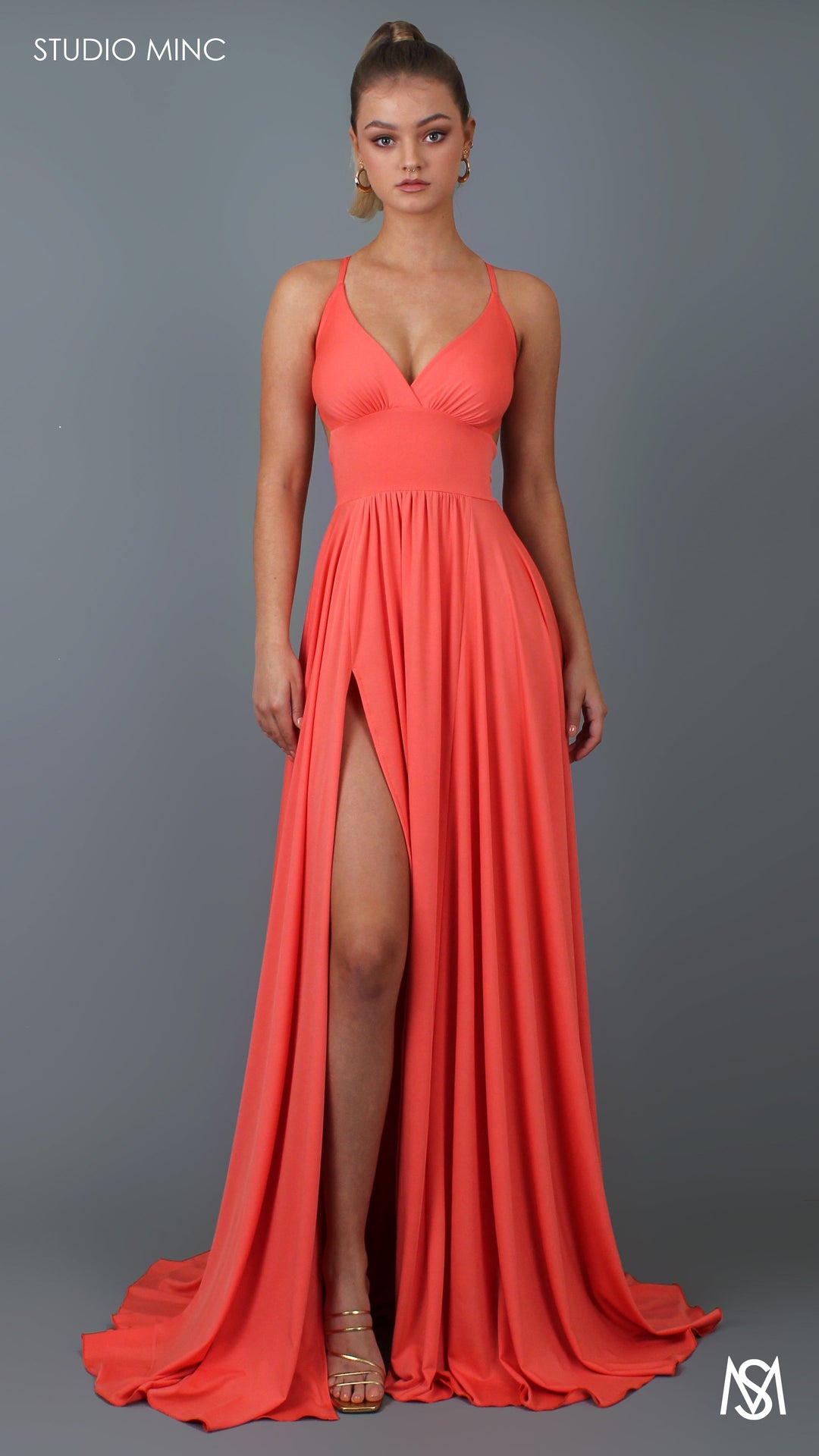 COSMO - Peach Formal Dress with Leg Split &amp; Cut Outs
