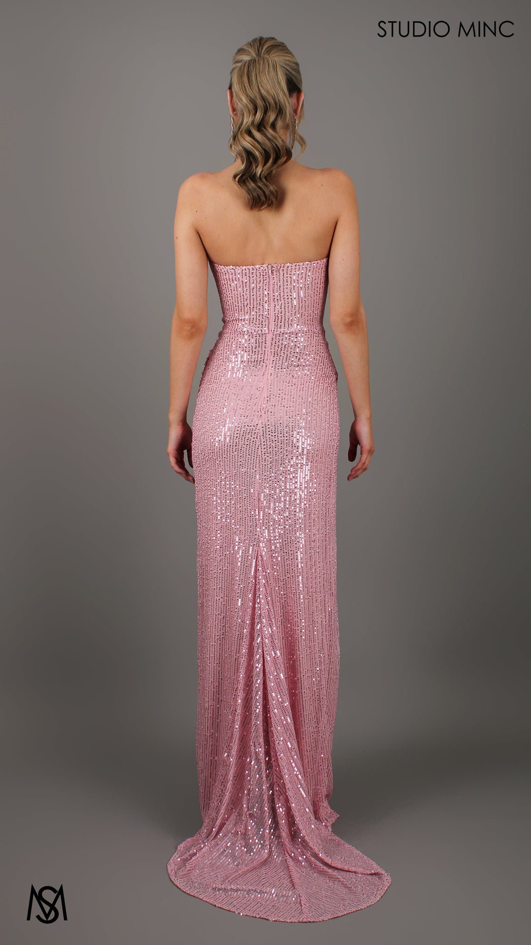 MUSE - Blush Pink Sequin Formal Dress with Strapless Corset &amp; Leg Split