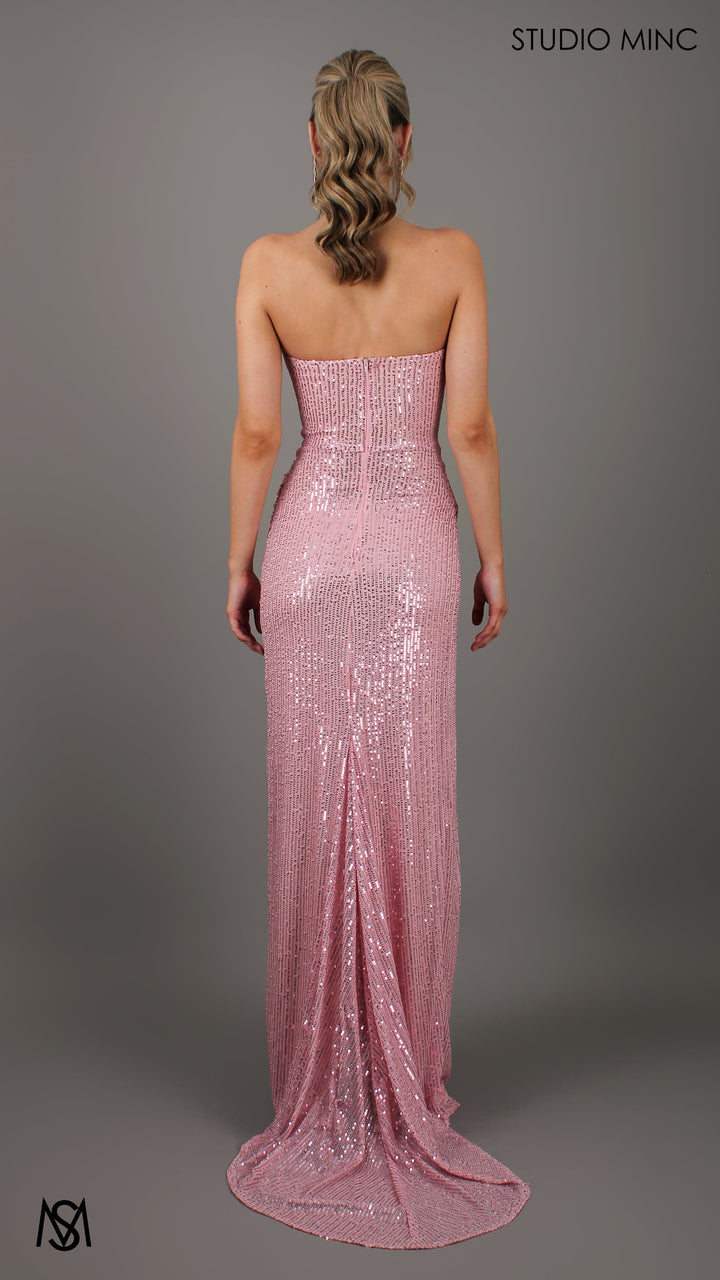 MUSE - Blush Pink Sequin Formal Dress with Strapless Corset &amp; Leg Split