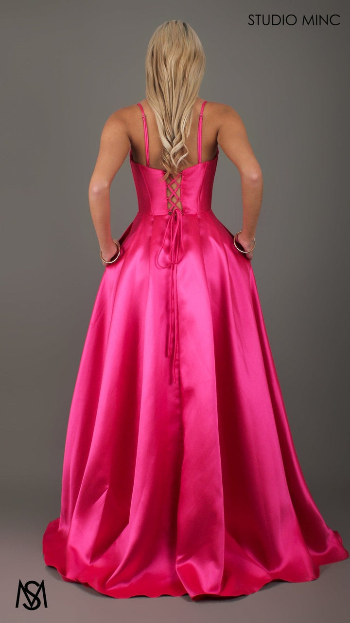 Capri - Hot Pink Formal Dress, satin strapless boned corset lace up gown pockets leg slit