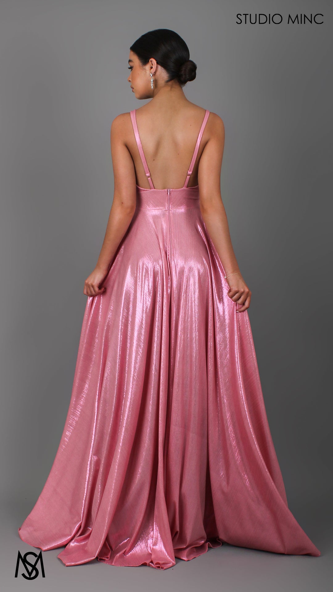 Lustre - Pink Formal Dress, Metallic V Plunge Neckline with leg Split