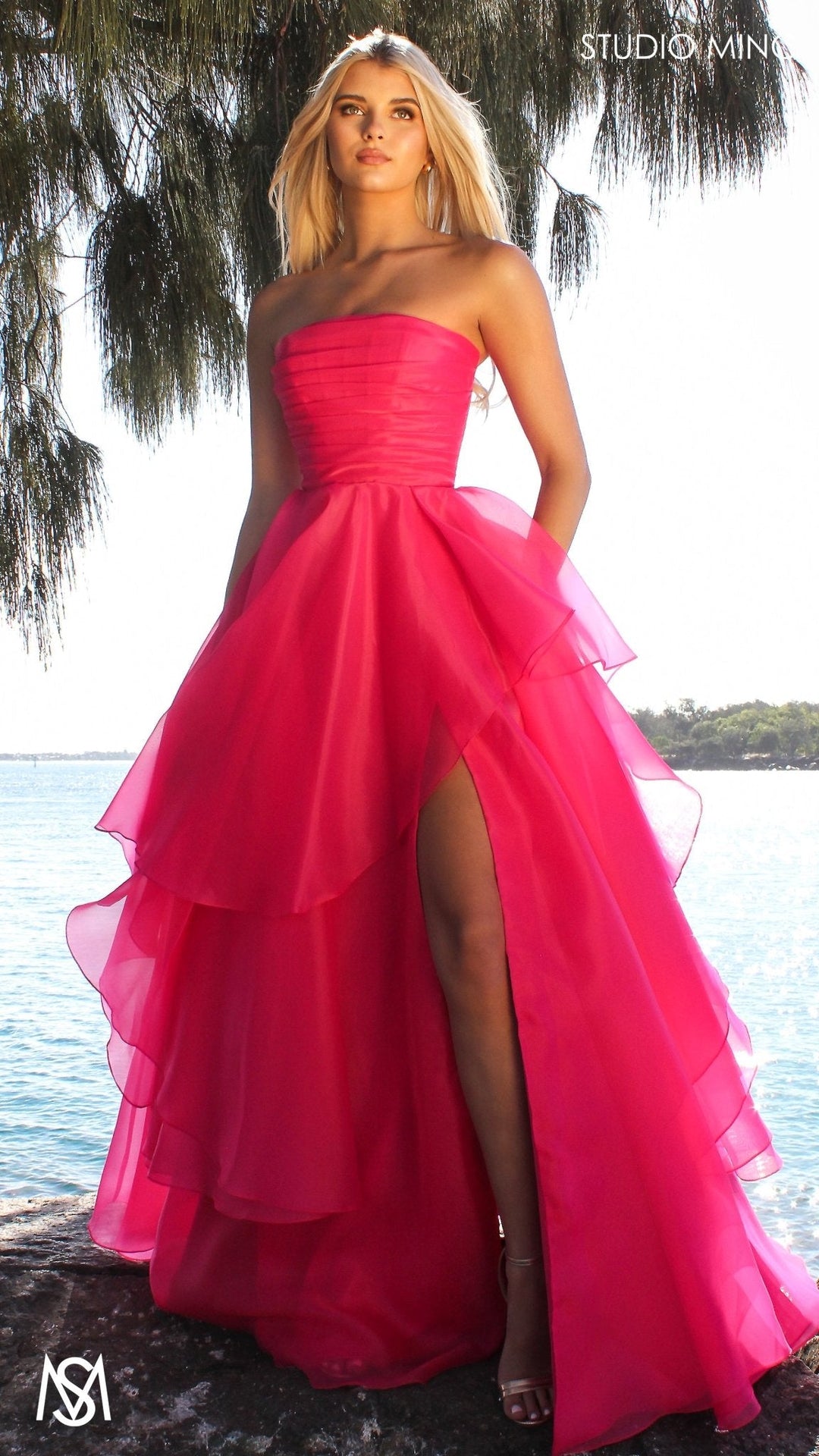 Monaco - Hot Pink Formal Dress | Strapless Corset, Organza layered handkerchief skirt, leg slit