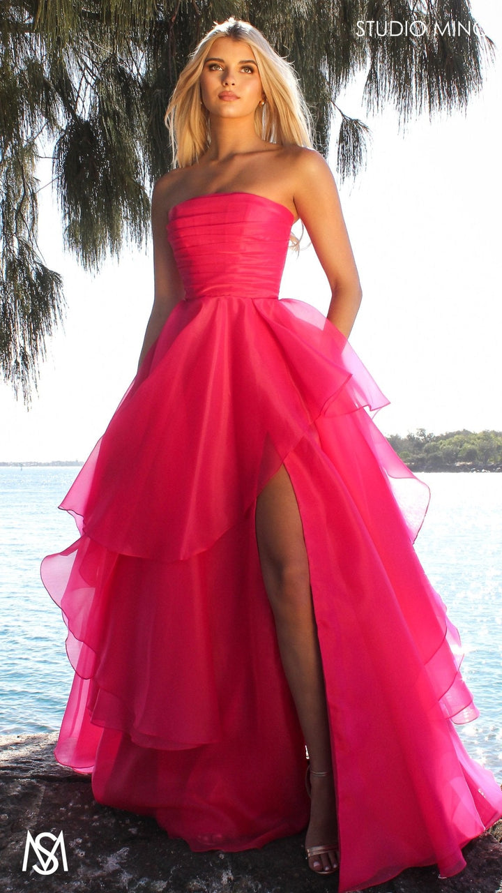 Monaco - Hot Pink Formal Dress | Strapless Corset, Organza layered handkerchief skirt, leg slit