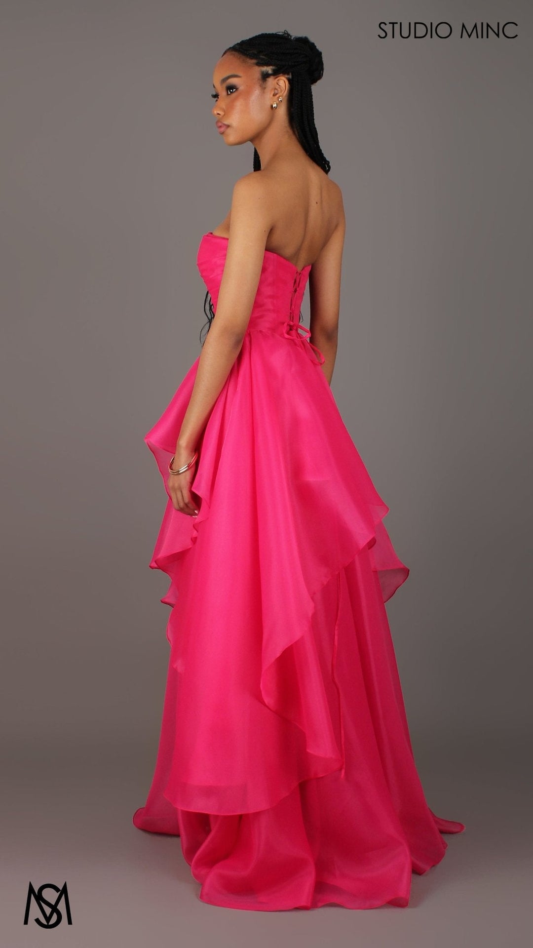 Monaco - Hot Pink Formal Dress | Strapless Corset, Organza layered handkerchief skirt, leg slit