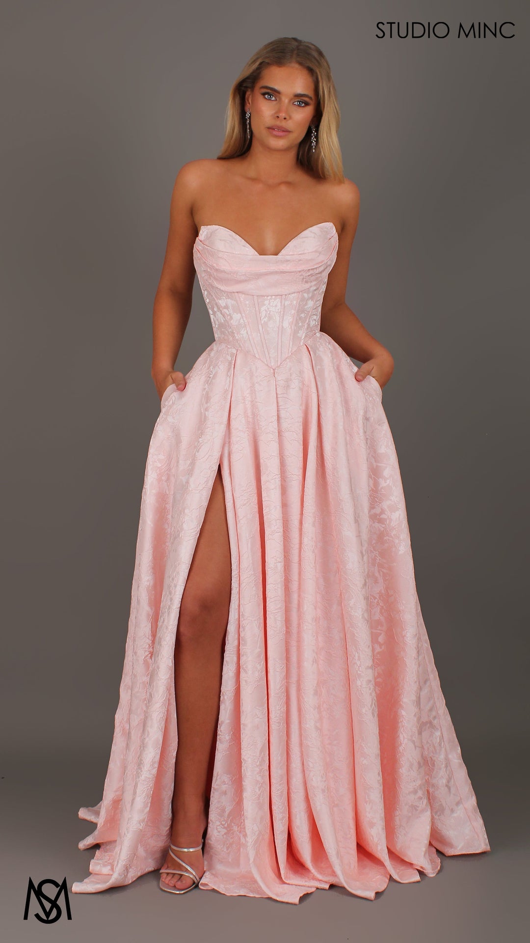 POSIE - Light pink Formal Dress, Strapless Basque waist Corset Beaded Bra Cups, Satin embossed floral Gown