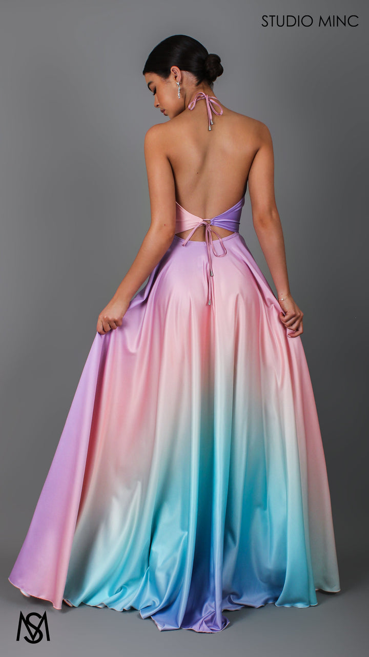 SUNSET PINK - Multi Colour pink Formal Dress, Satin High Neck Plunge &amp; Backless