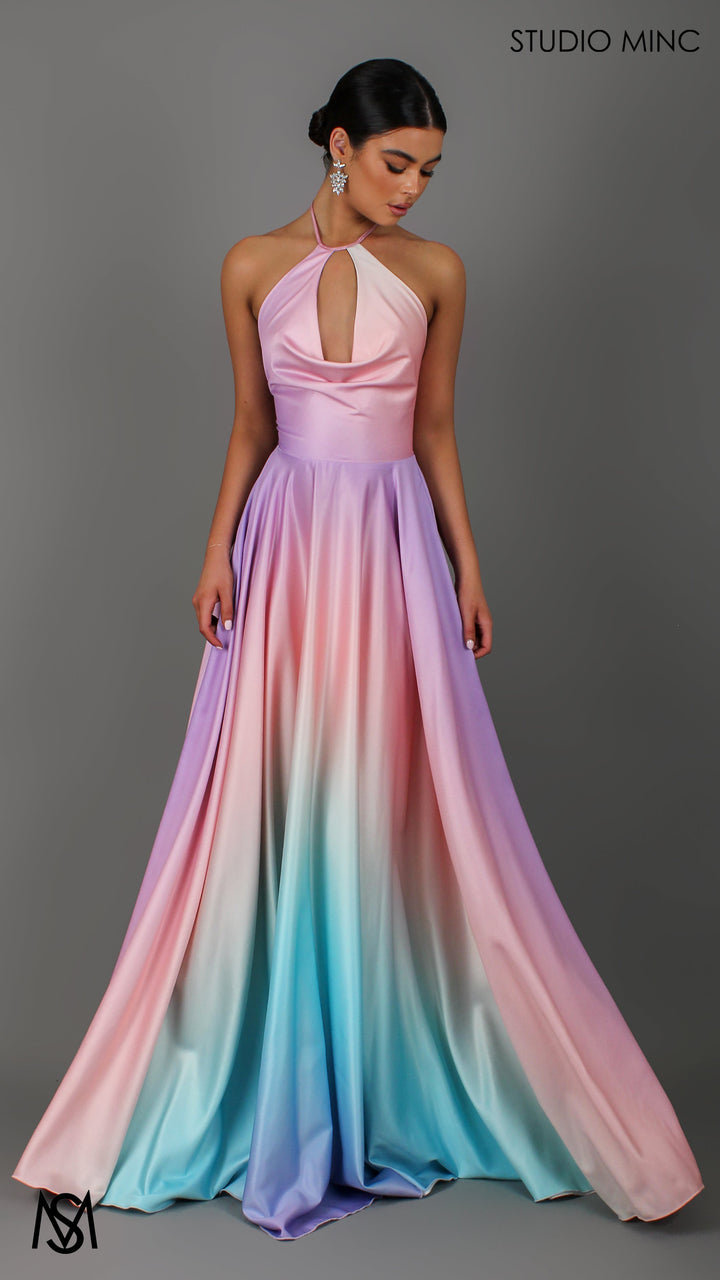 SUNSET PINK - Multi Colour pink Formal Dress, Satin High Neck Plunge &amp; Backless