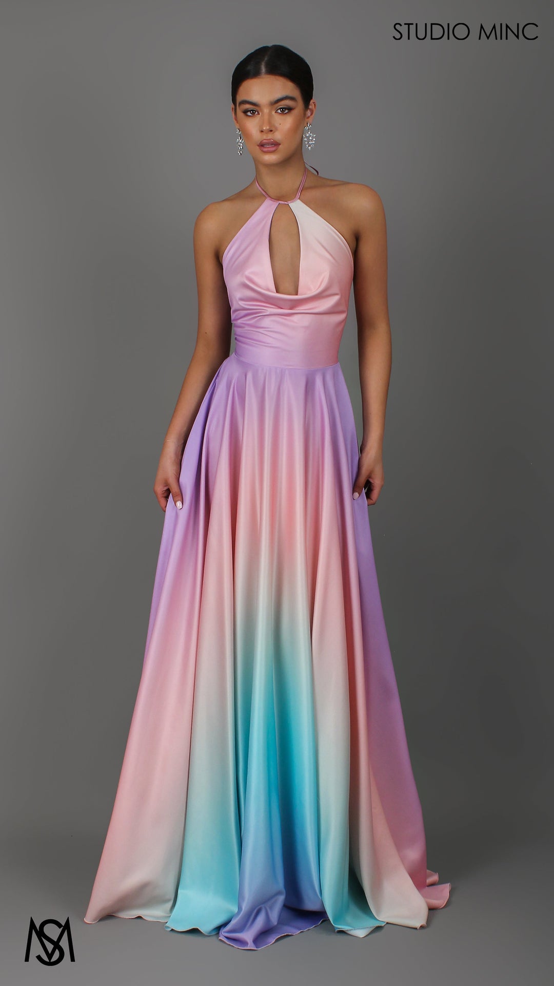 SUNSET PINK - Multi Colour pink Formal Dress, Satin High Neck Plunge &amp; Backless