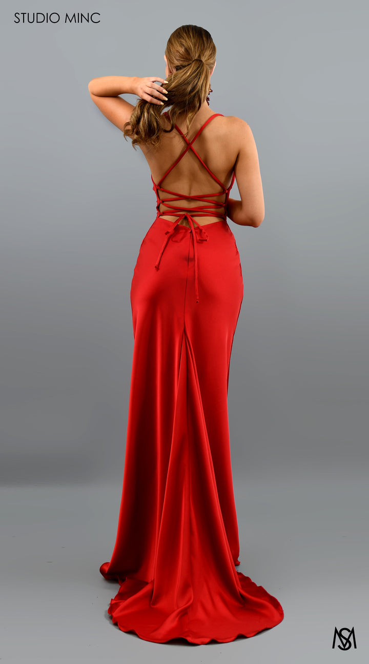 ESSENCE - Red Satin Formal Dress with Backless Lace Up