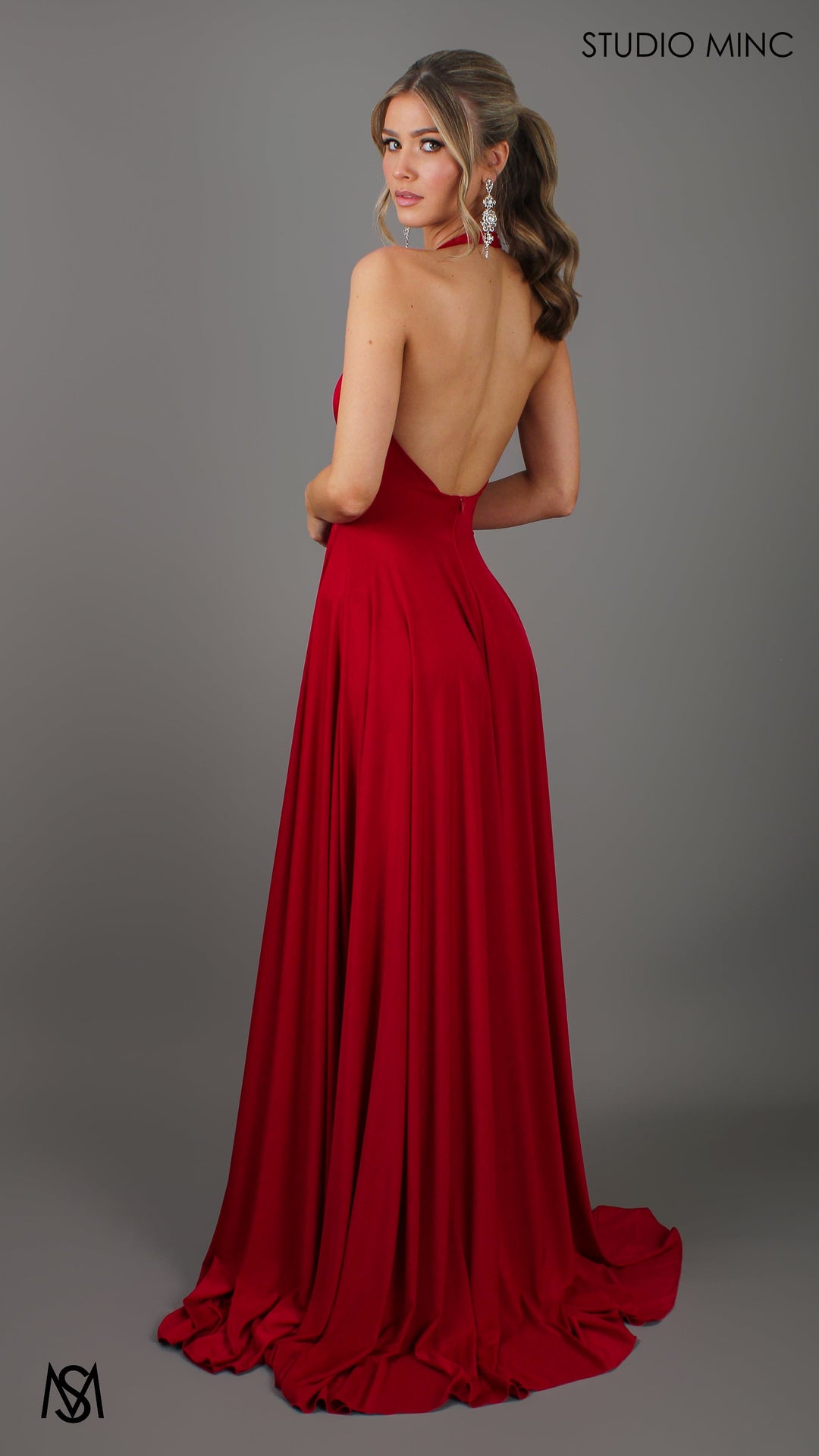 LOVE - Red Flowy Formal Dress with Plunge Neckline &amp; Leg Split