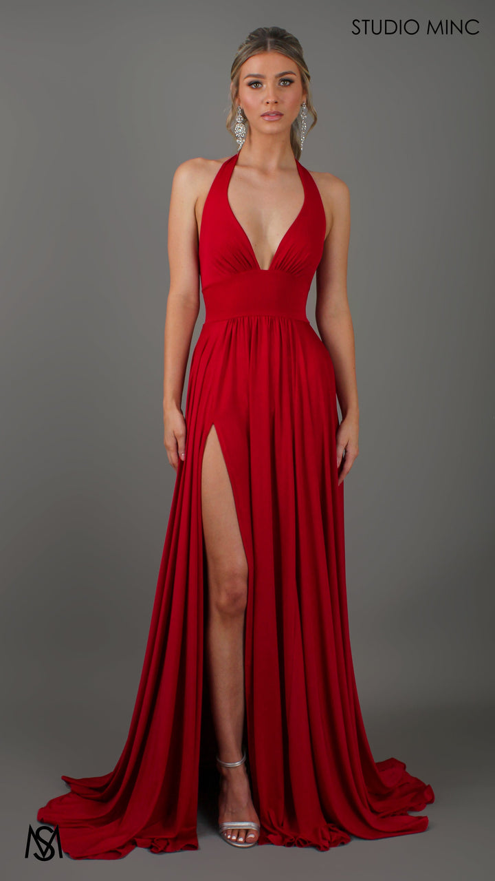 LOVE - Red Flowy Formal Dress with Plunge Neckline &amp; Leg Split