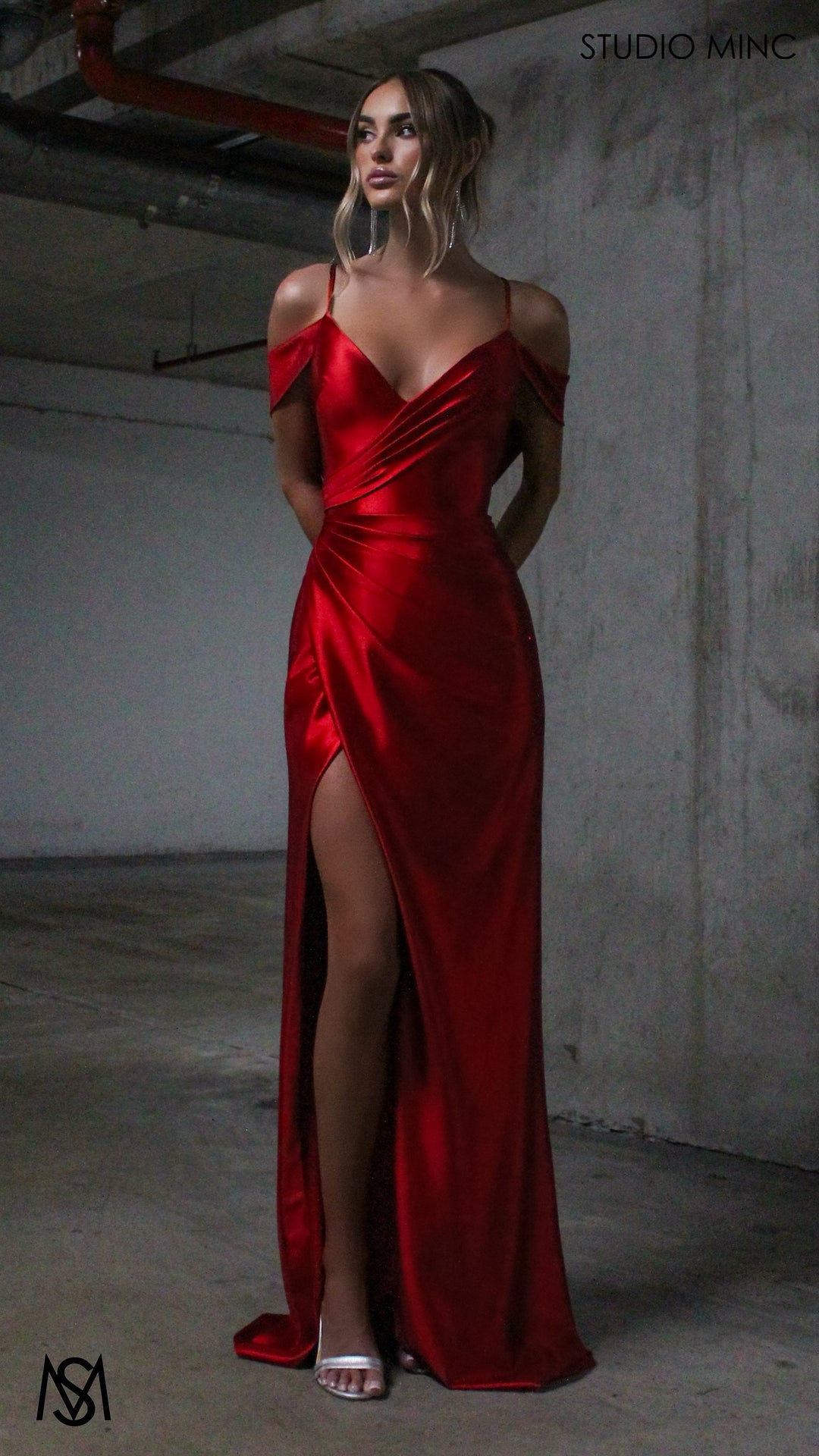 Opulence - Red Formal Dress, Satin V Neckline, arm drapes and leg slit