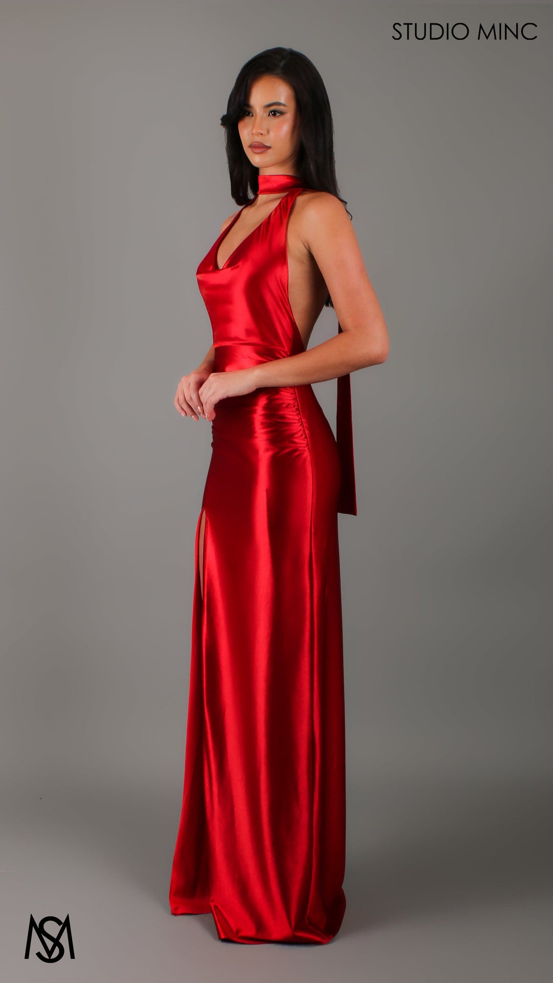 Suave - Red Formal Dress, Halter Neck Cowl fitted backless leg slit with scarf