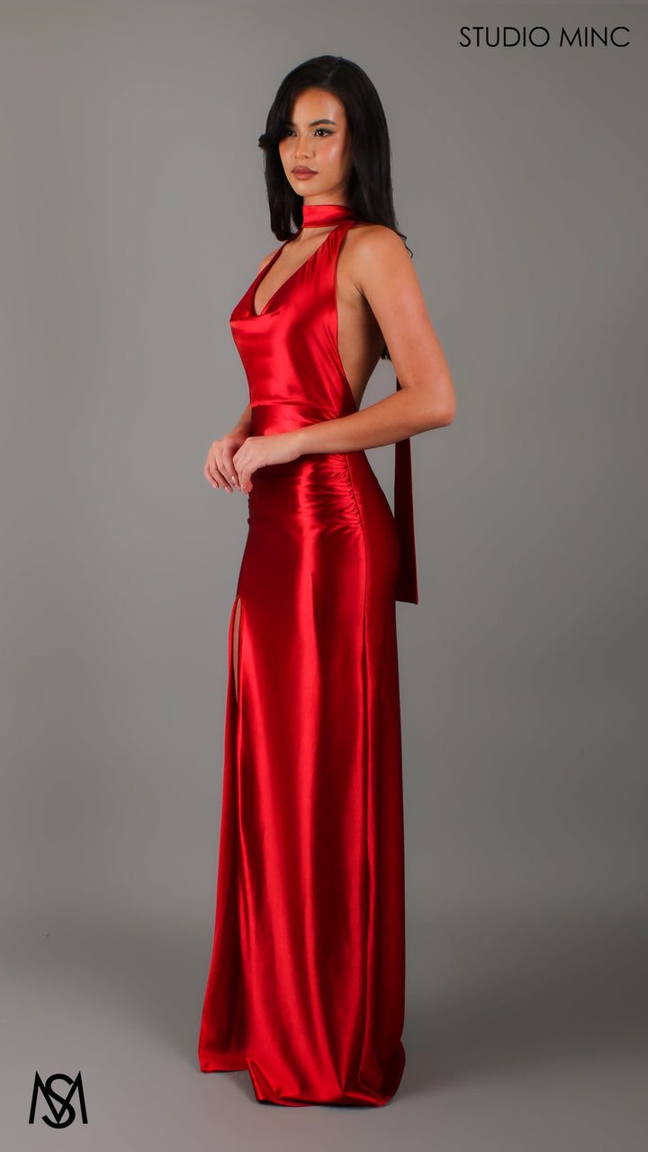 Suave - Red Formal Dress, Halter Neck Cowl fitted backless leg slit with scarf