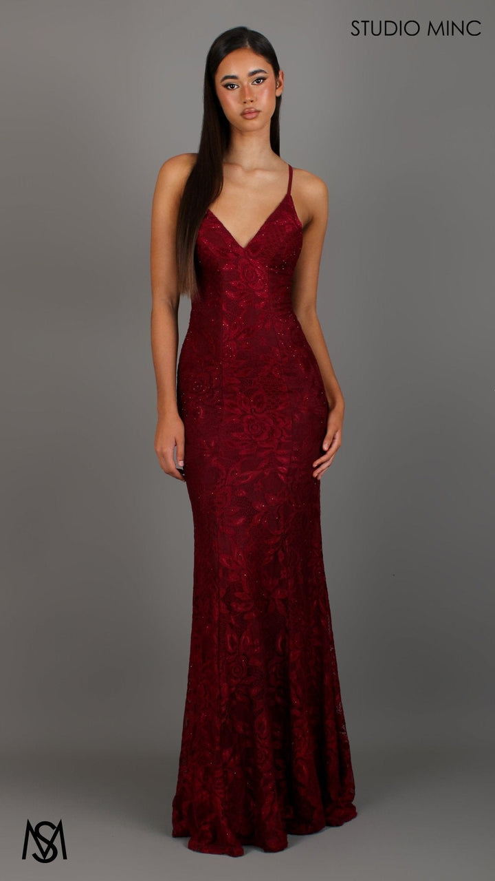 Jasmine - Maroon Red formal dress | lace V neckline fitted mermaid lace up