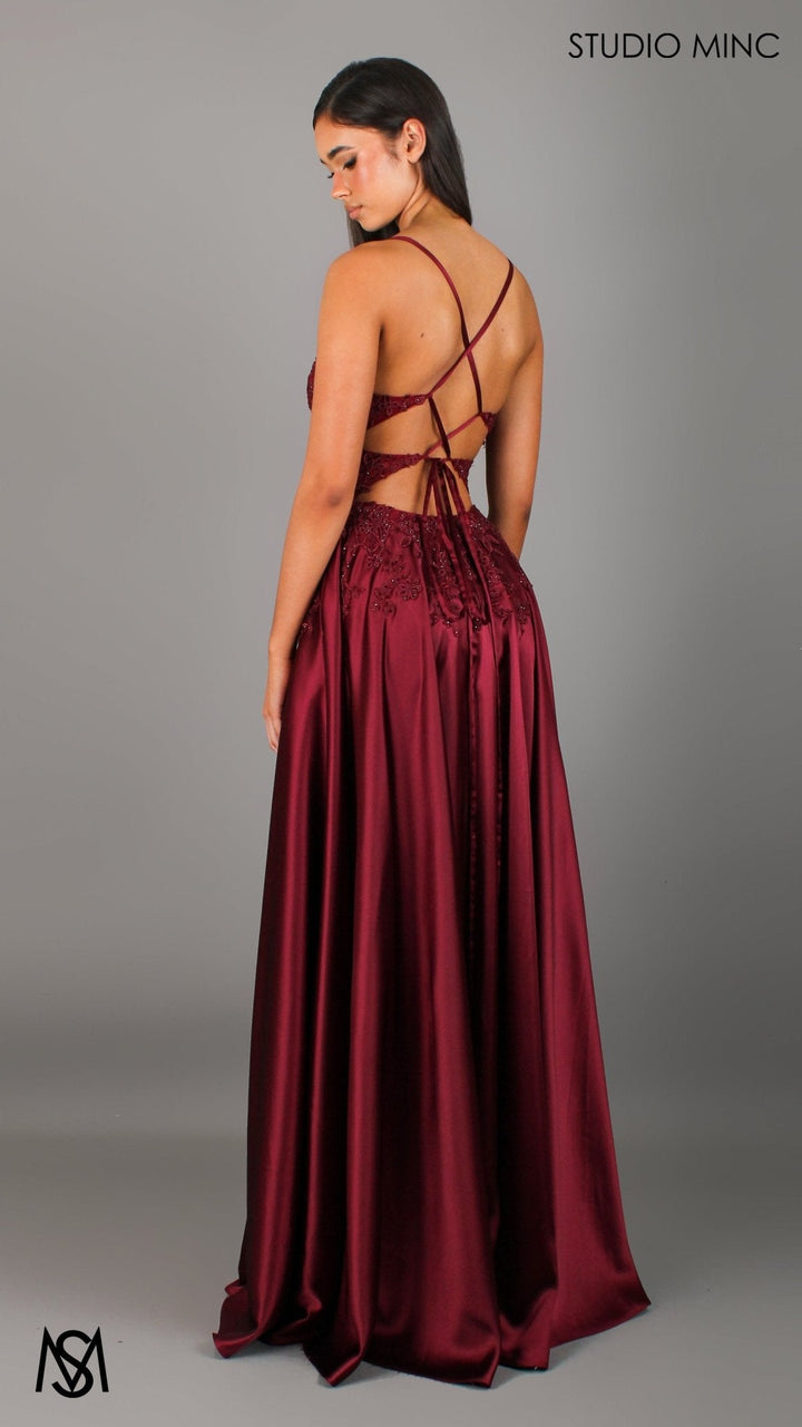 Eden - Burgundy Red formal dress | Floral V neckline, backless, A-line Satin Gown with Pockets