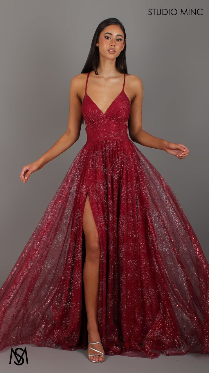 Stardust - Deep Red formal dress | Glitter V neckline, backless, A-line Sparkle Gown
