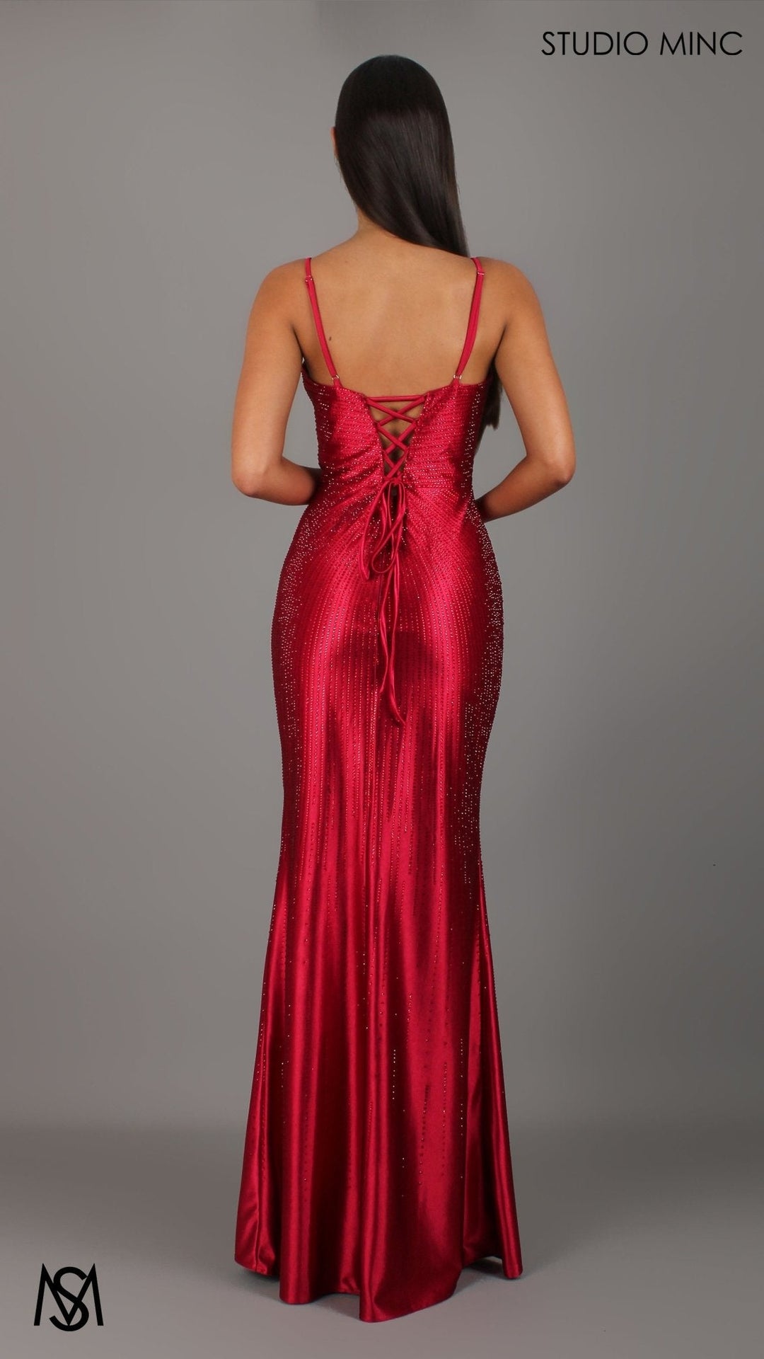 Stellar - Deep Red Formal Dress, Rhinestone V Plunge Neckline Fitted Mermaid Leg Slit
