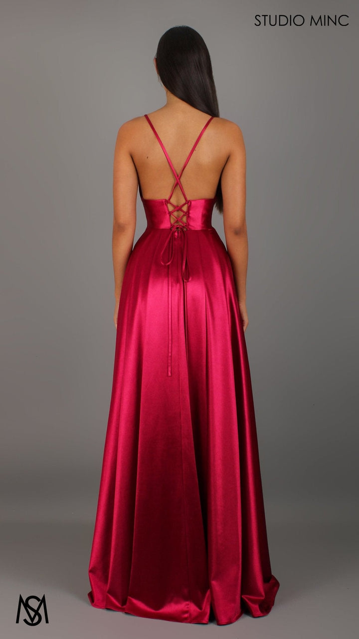 Timeless - Ruby Red formal dress | V neckline, backless A-line Satin Gown with Pockets