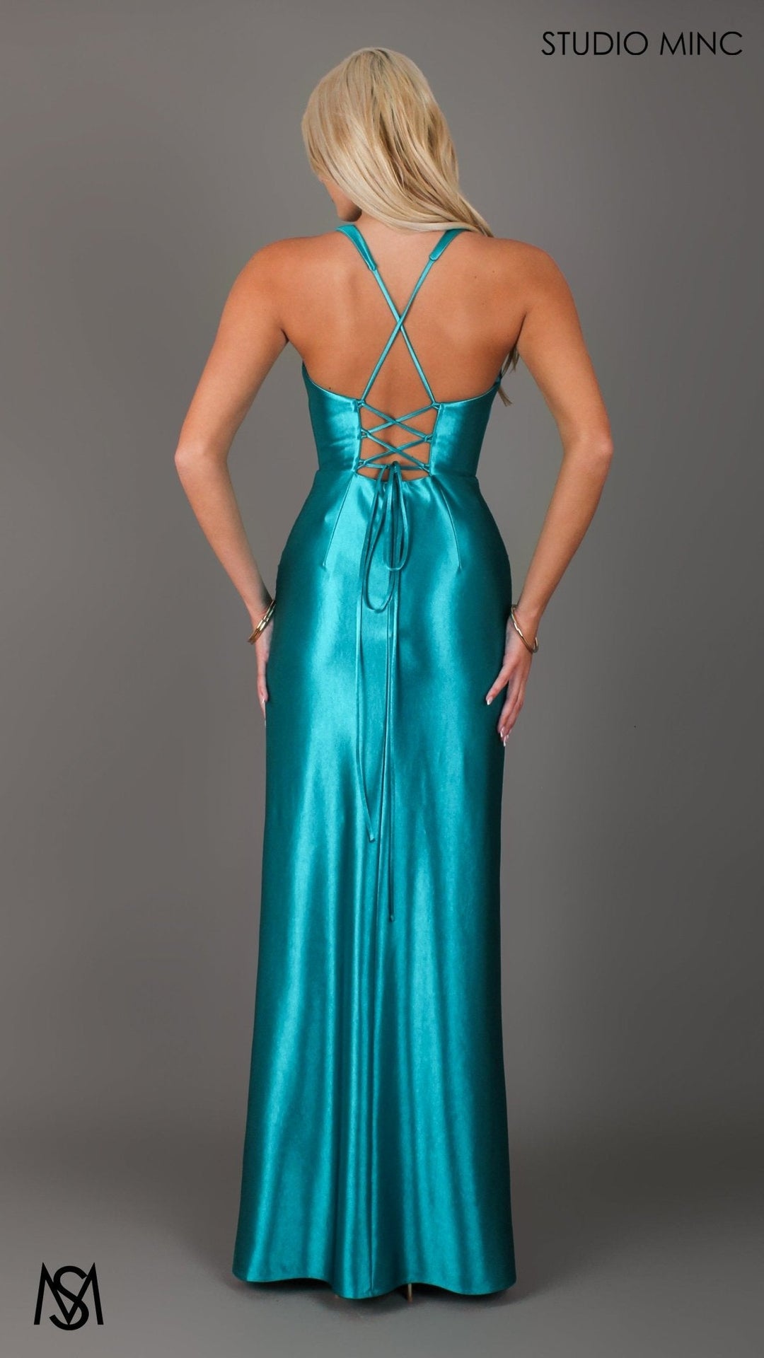 Sicily - Teal Formal Dress, Satin V Plunge neckline Cowl fitted backless leg slit