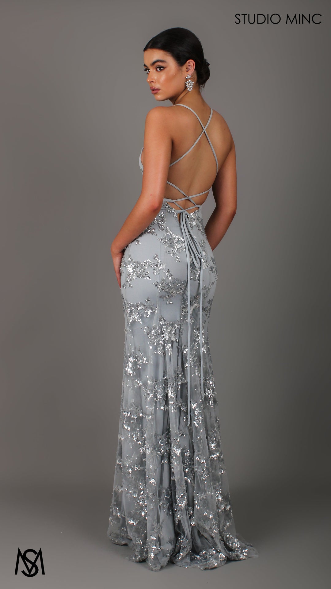 JADORE - Silver Formal Dress with Sequin Overlay &amp; Backless Lace Up