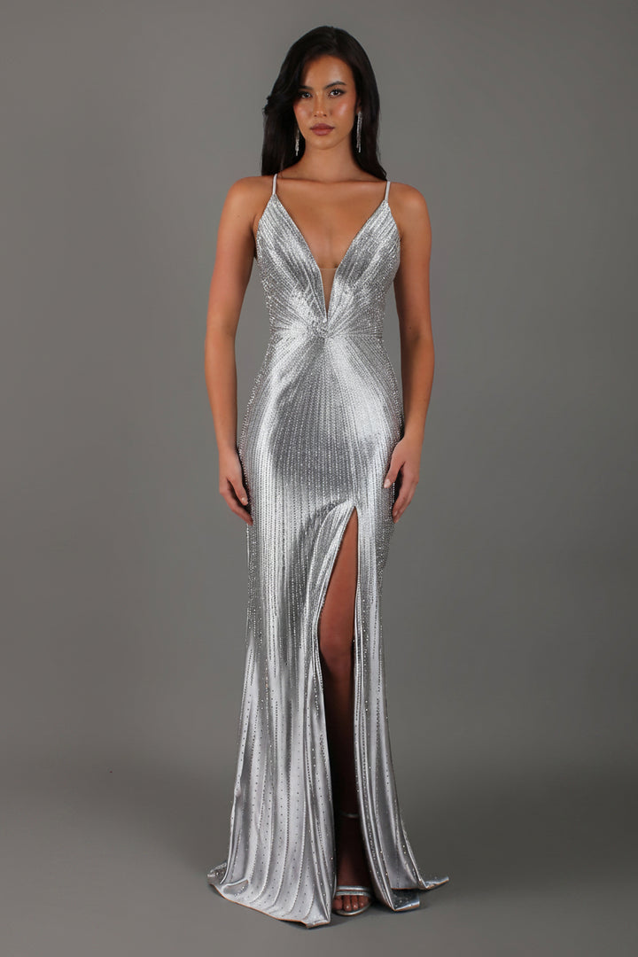 Starlight - Silver Formal Dress, Rhinestone V Plunge Neckline Fitted Mermaid Leg Split